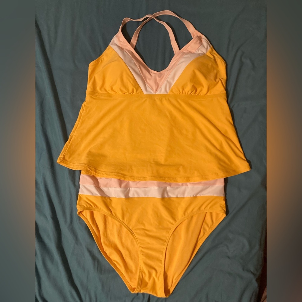Marigold, peach, and white plus size tankini